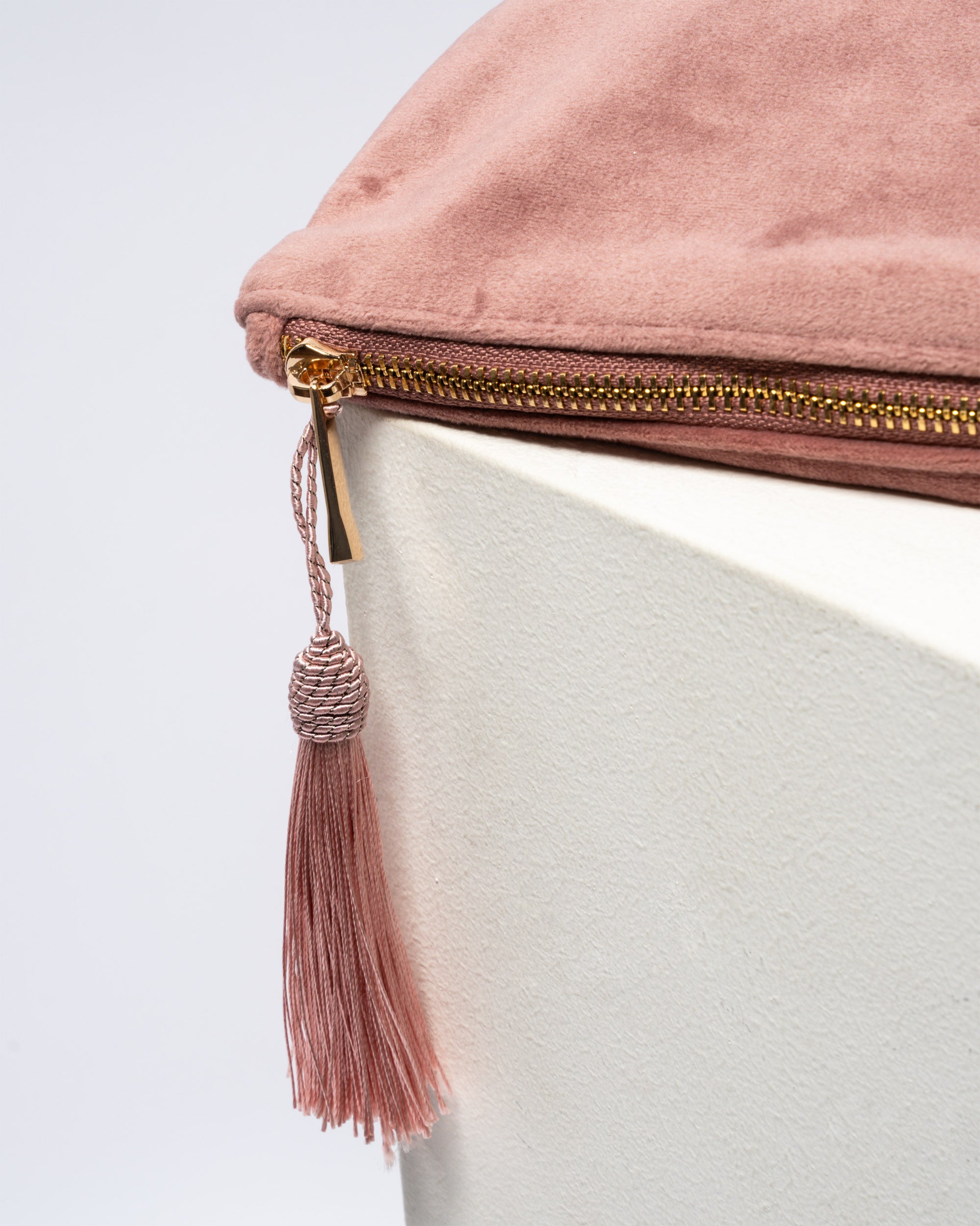 Velvet dusky pink Dancer accessory bag with matching tassel and logo embroidery