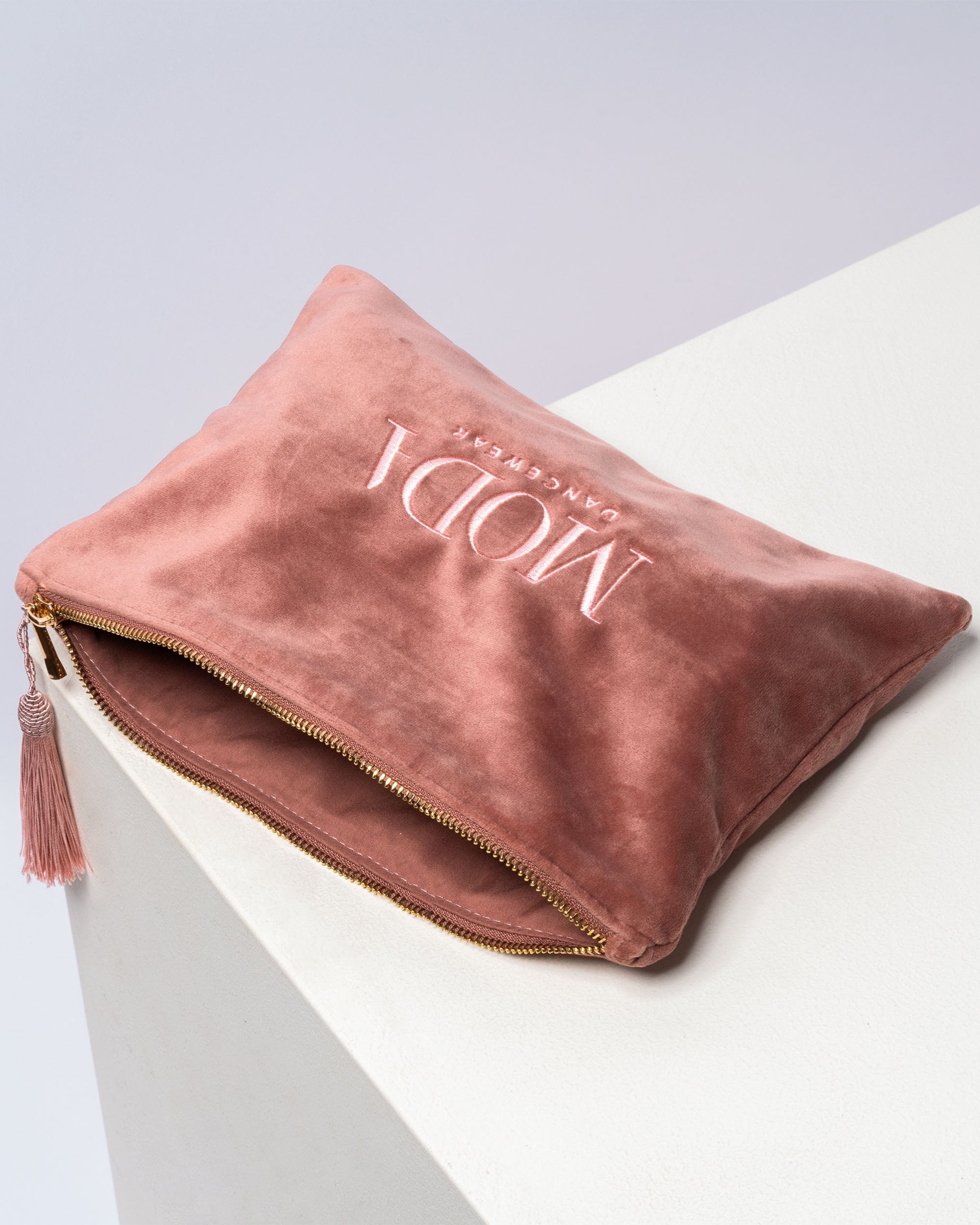 Velvet dusky pink Dancer accessory bag with matching tassel and logo embroidery