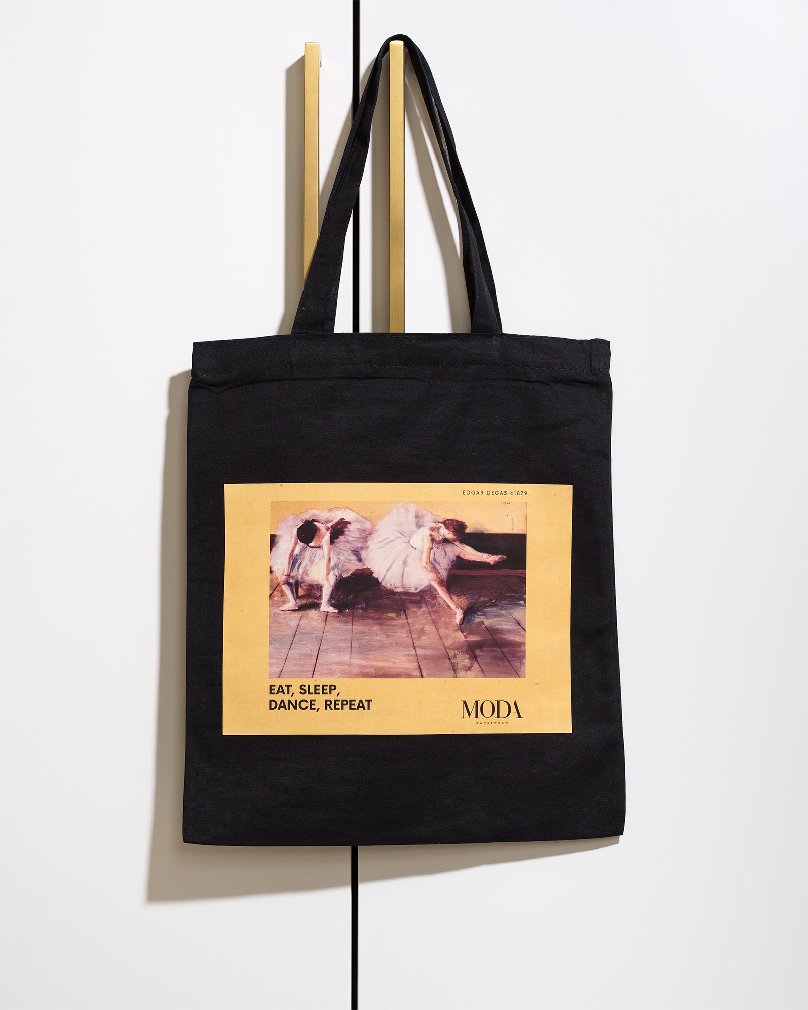 Edgar Degas painting Black tote bag with a graphic design on a white background. Eat, sleep, dance, repeat.