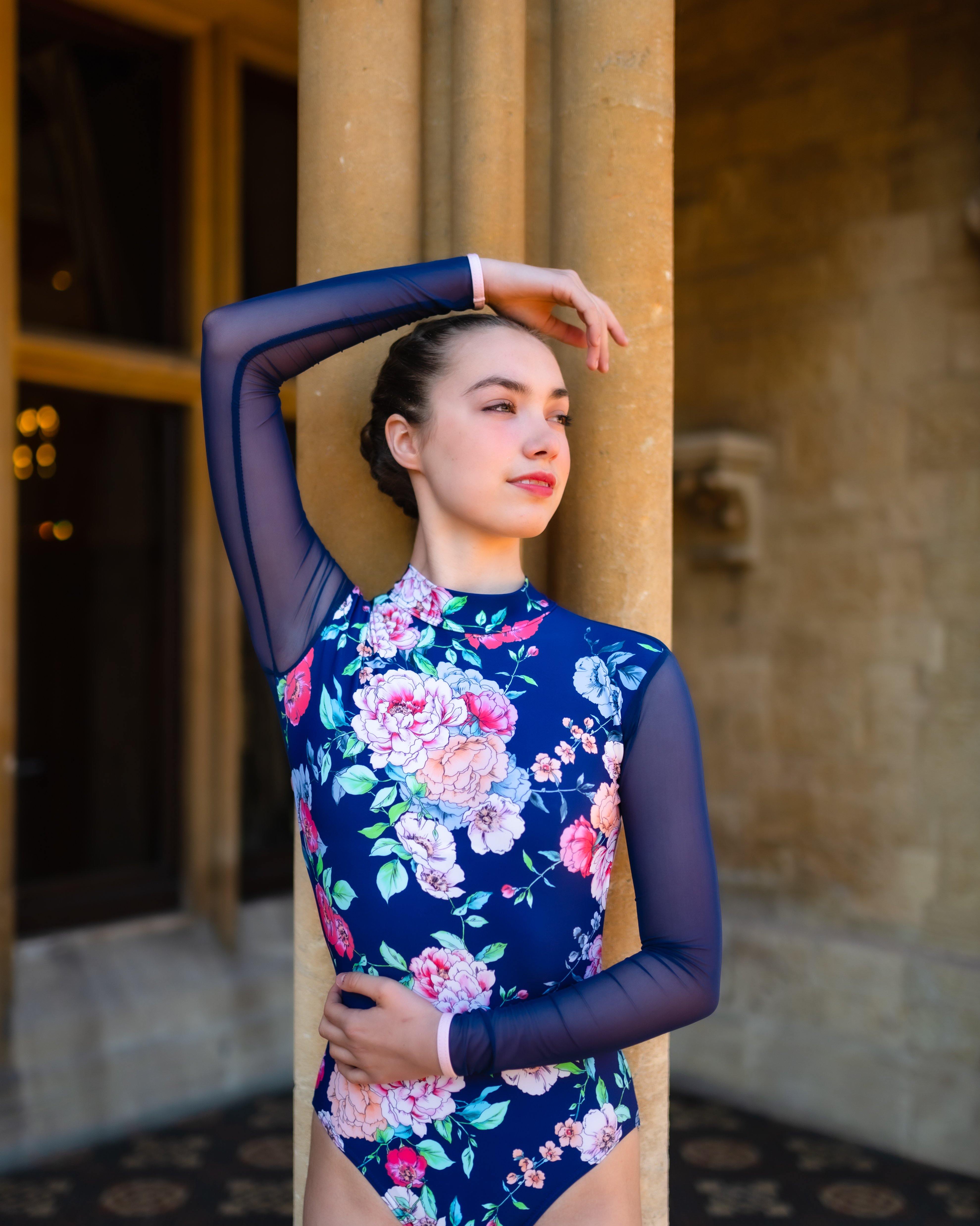 ALICIA LEOTARD IN NAVY FLORAL PRINT AND MESH - Moda Dancewear