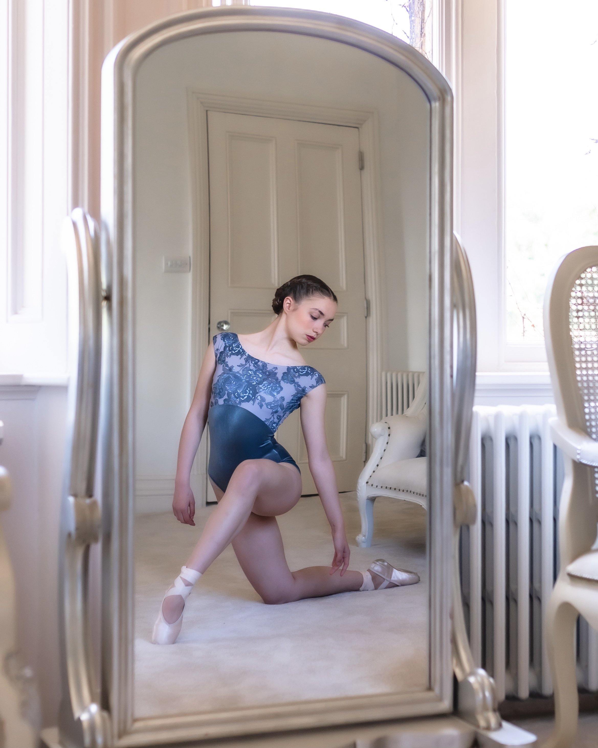 Stylish Francesca dance leotard charcoal grey floral print with grey velvet - Moda Dancewear