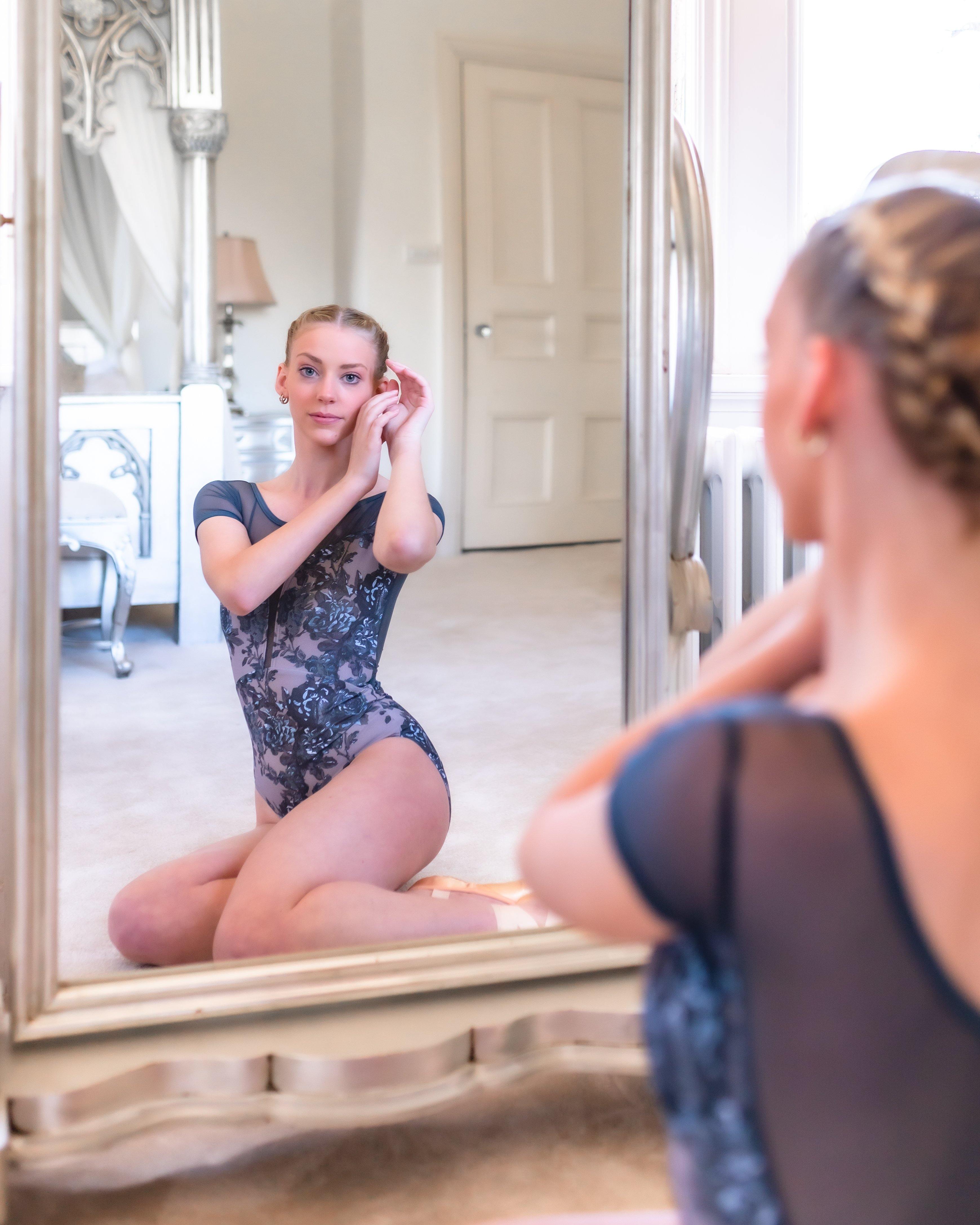 SOFIA CAP SLEEVE LEOTARD IN CHARCOAL ROSE FLORAL PRINT AND MESH - Moda Dancewear