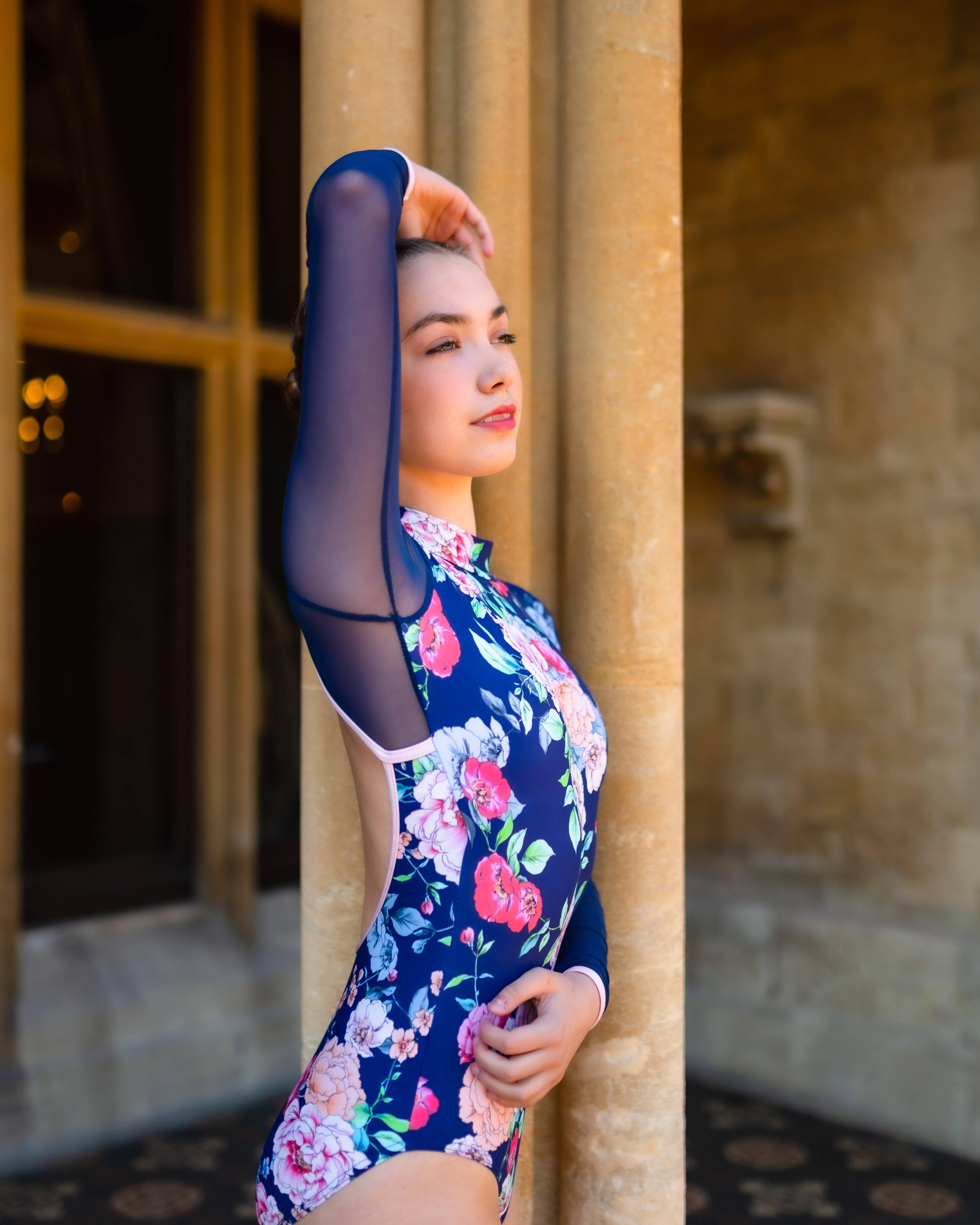 ALICIA LEOTARD IN NAVY FLORAL PRINT AND MESH - Moda Dancewear