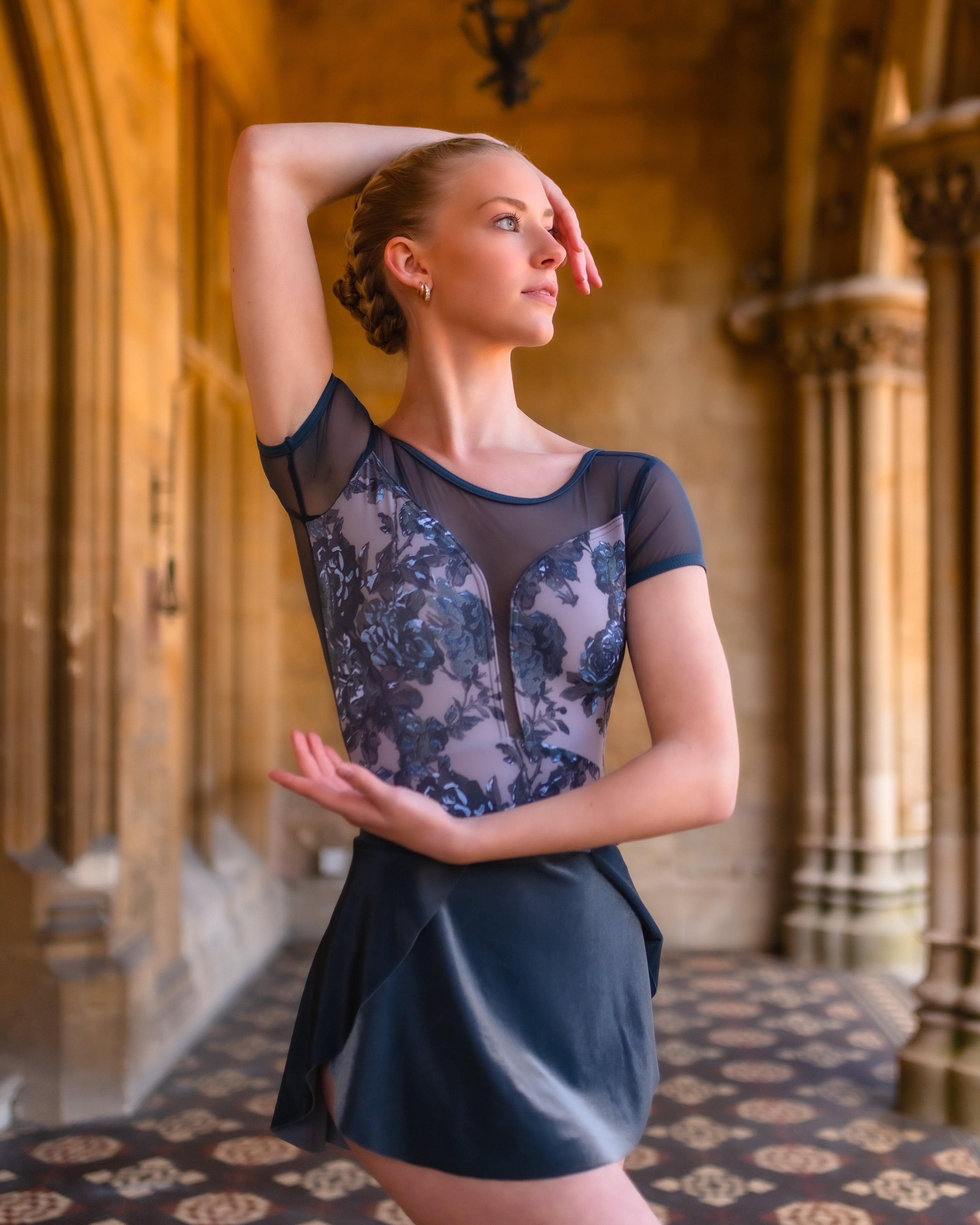 SOFIA CAP SLEEVE LEOTARD IN CHARCOAL ROSE FLORAL PRINT AND MESH - Moda Dancewear
