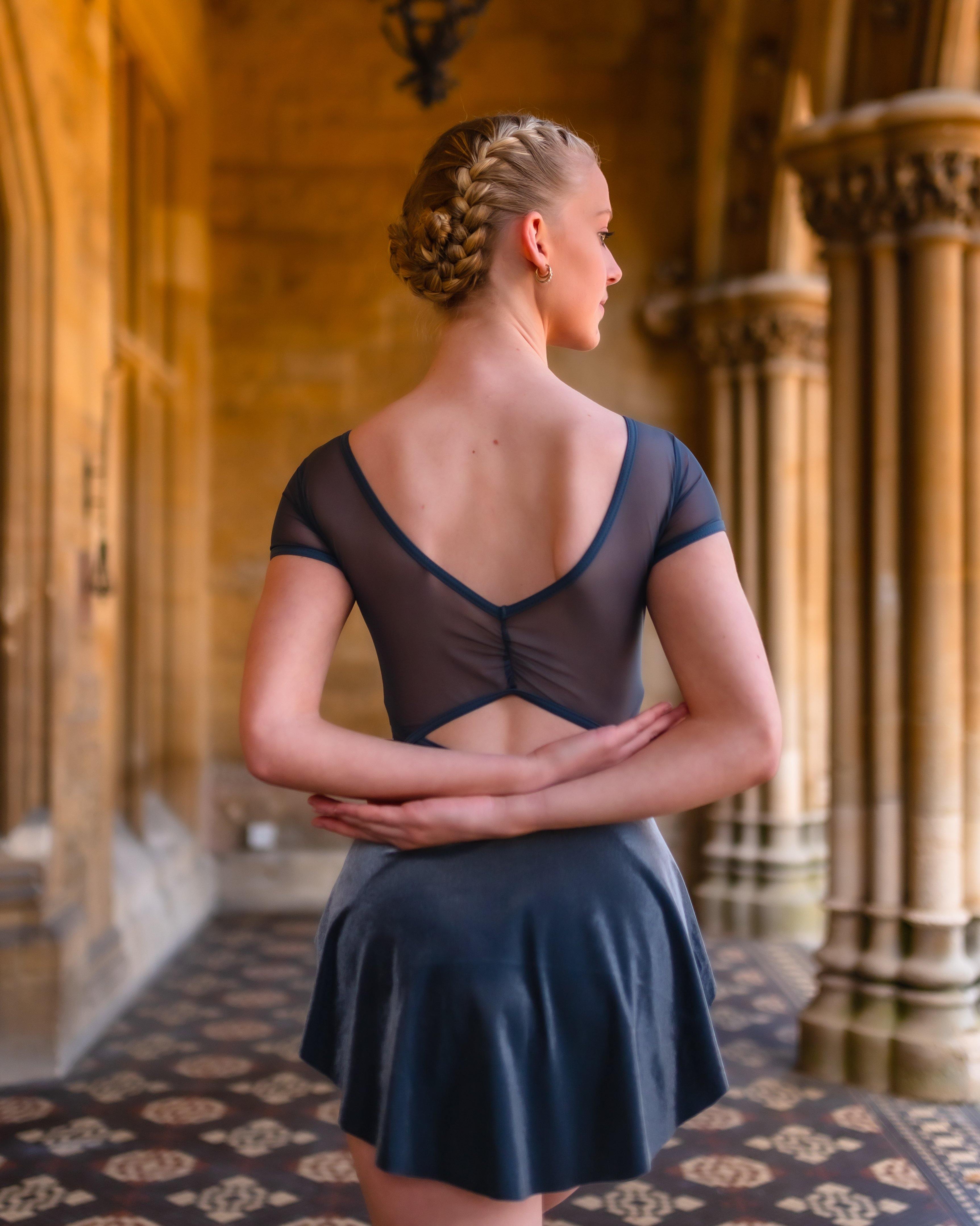 SOFIA CAP SLEEVE LEOTARD IN CHARCOAL ROSE FLORAL PRINT AND MESH - Moda Dancewear