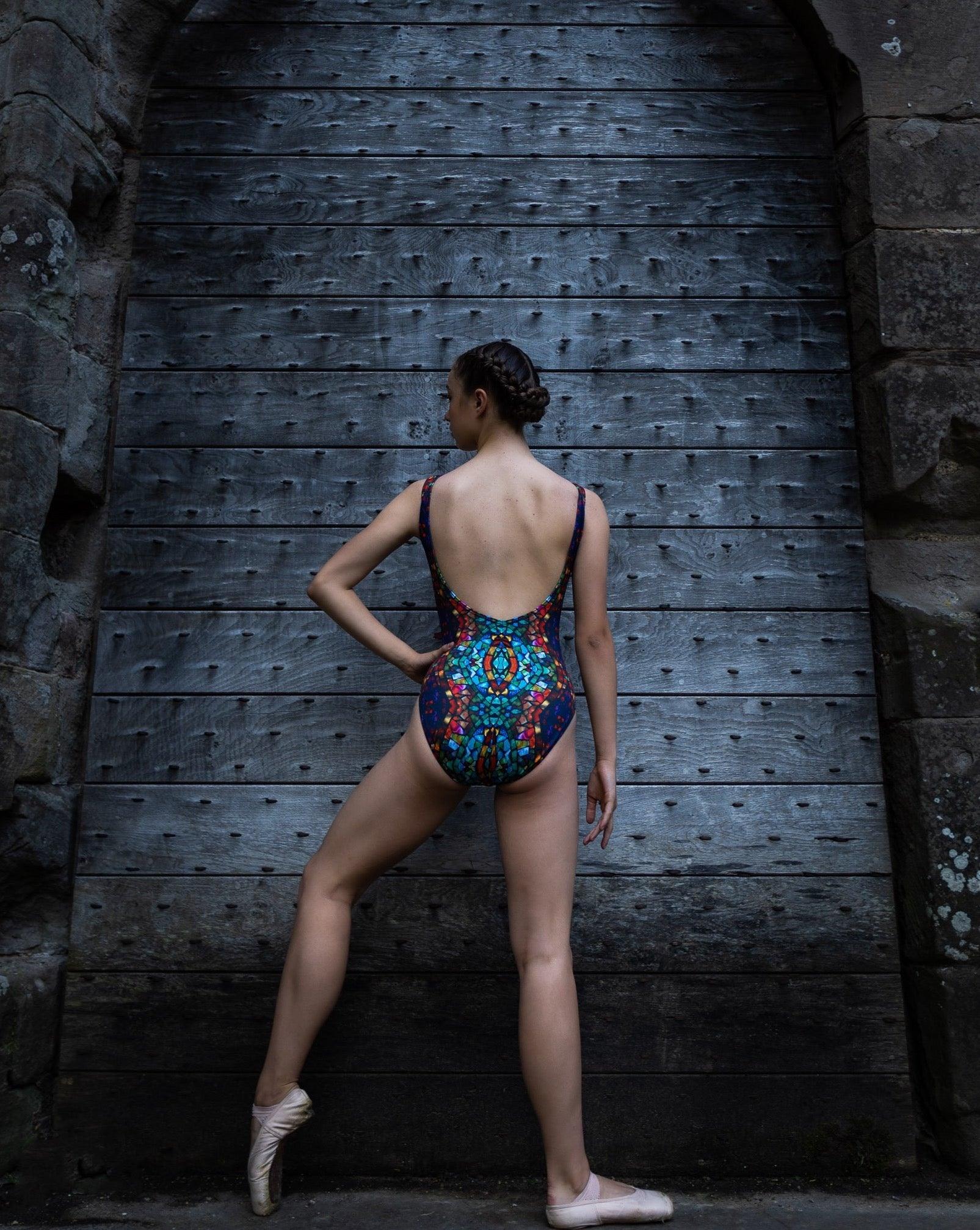 Print sleeveless leotard for dance multi coloured stained glass window design with low back
