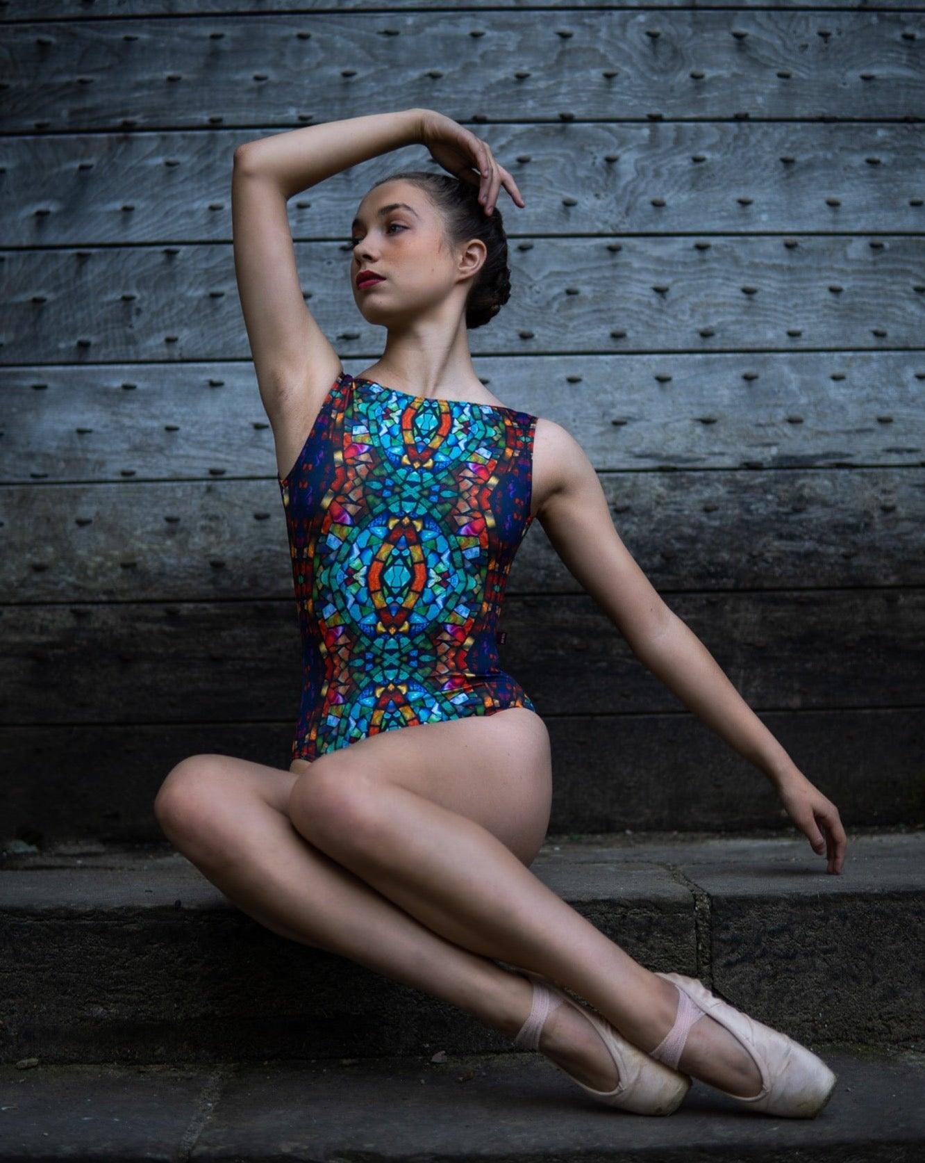 Print sleeveless leotard for dance multi coloured stained glass window design